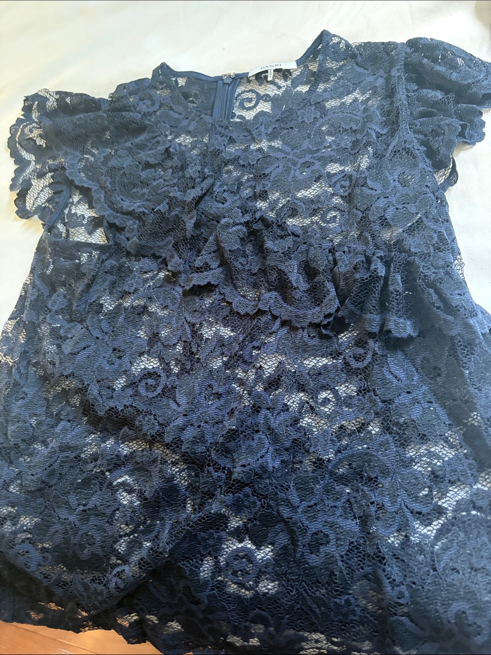 Ganni Navy Floral Lace Short Sleeve Blouse